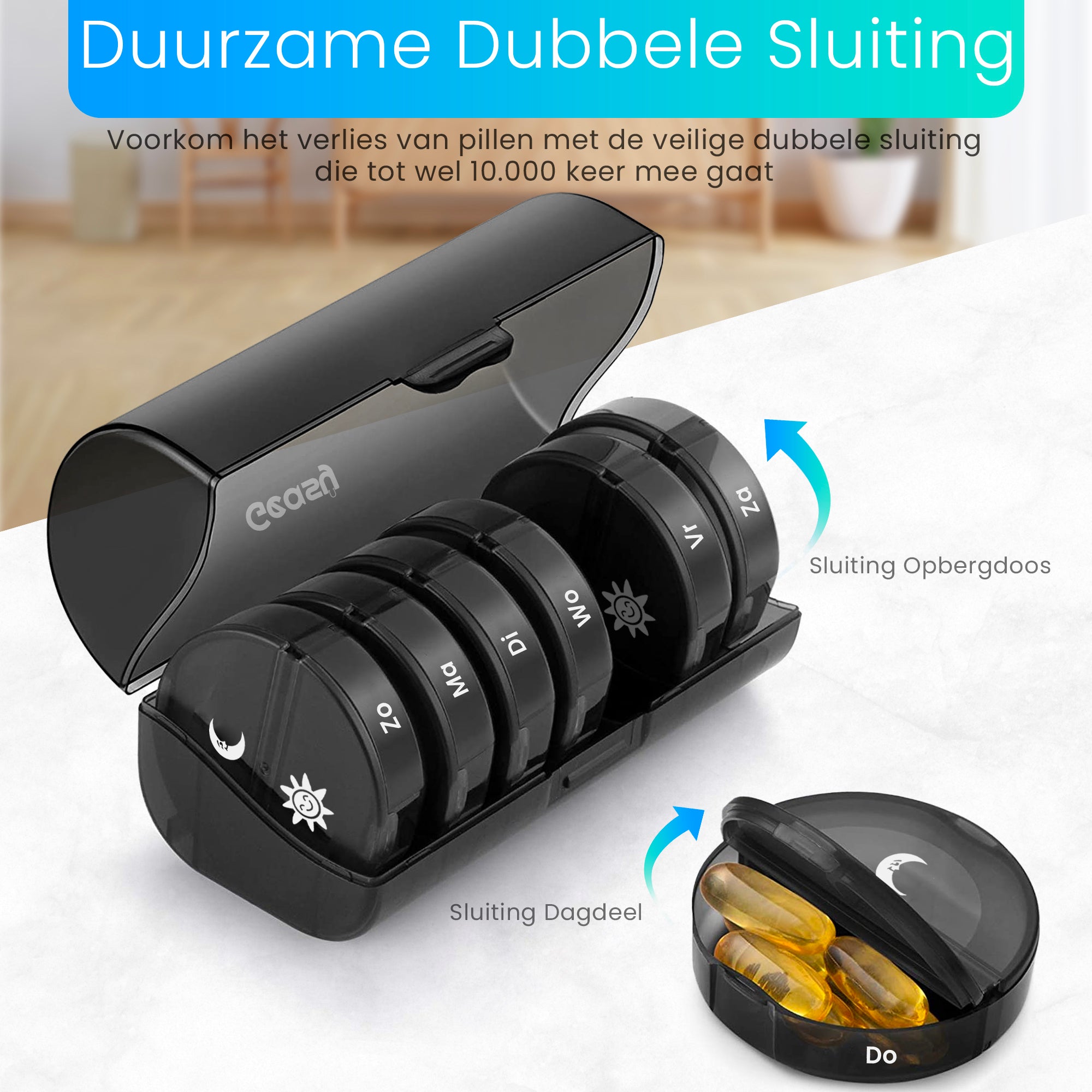 Medicijndoos met dubbele sluiting – voorkomt verlies van pillen en ongewenste opening