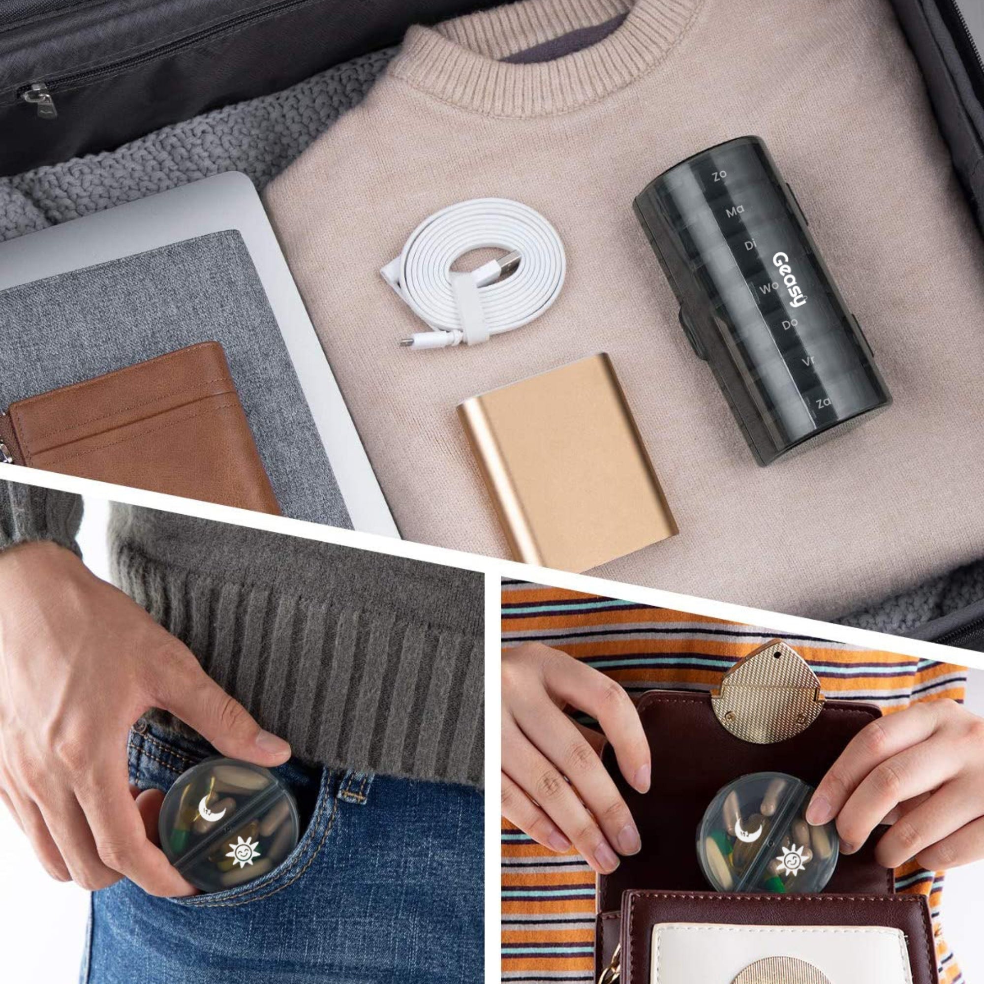 Compacte pillendoos 7-dagen rond zwart – past in broekzak of tas