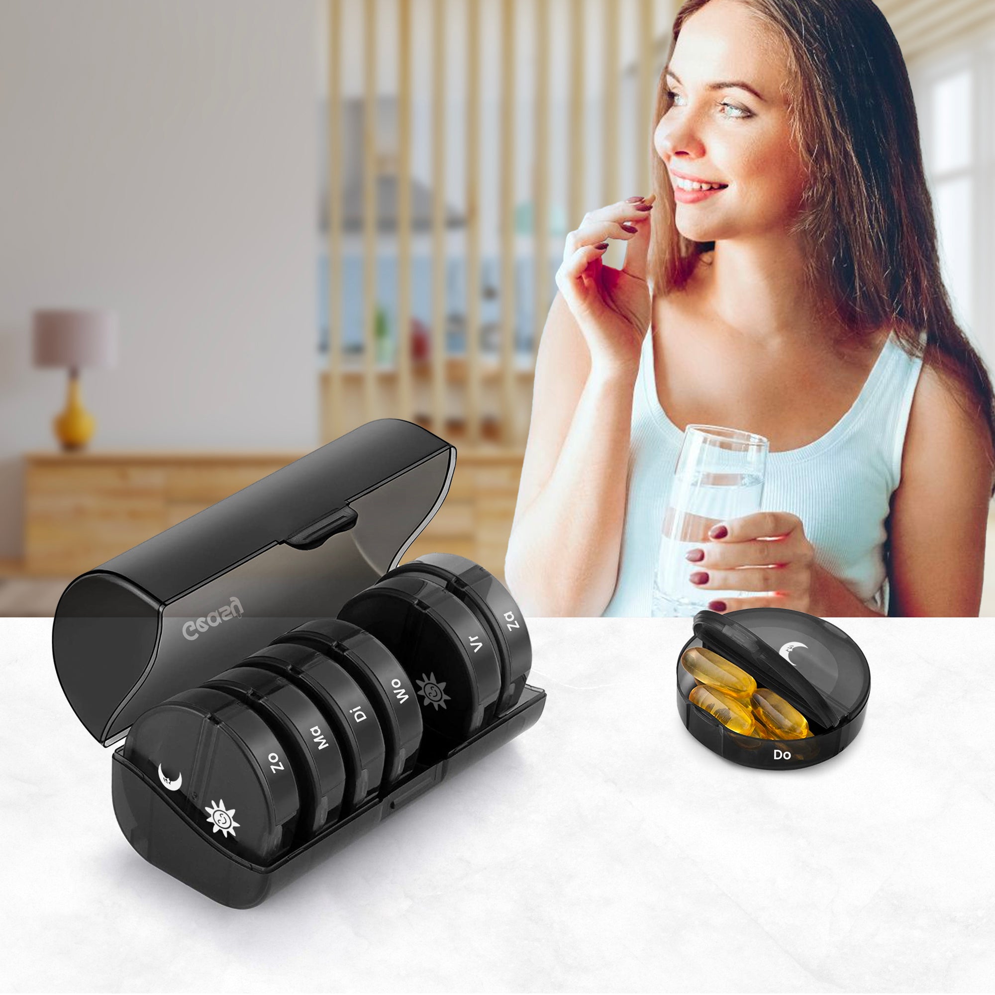 Reisvriendelijke pillendoos 7-dagen rond zwart – ideaal voor onderweg en op vakantie