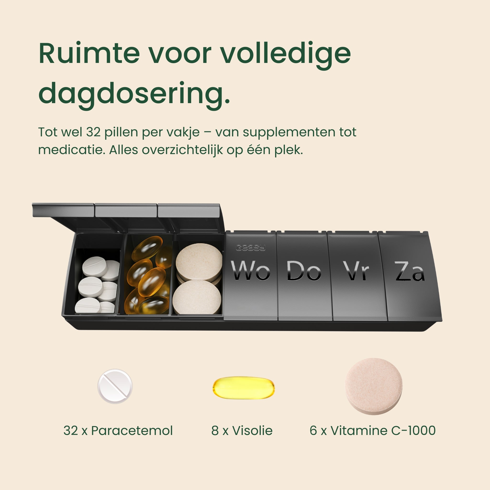 Zwarte 7-daagse pillendoos met ingegraveerde dag aanduiding, geschikt voor medicijnen, supplementen en vitamines. Compact, stevig en duurzaam ontwerp met één ruim vak per dag. Ideaal voor dagelijks gebruik en onderweg.