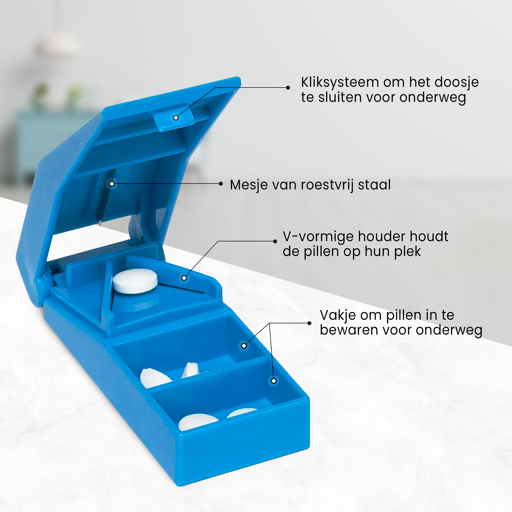 Pillensnijder met opbergvak, V-vormige houder, roestvrijstalen mes en kliksysteem