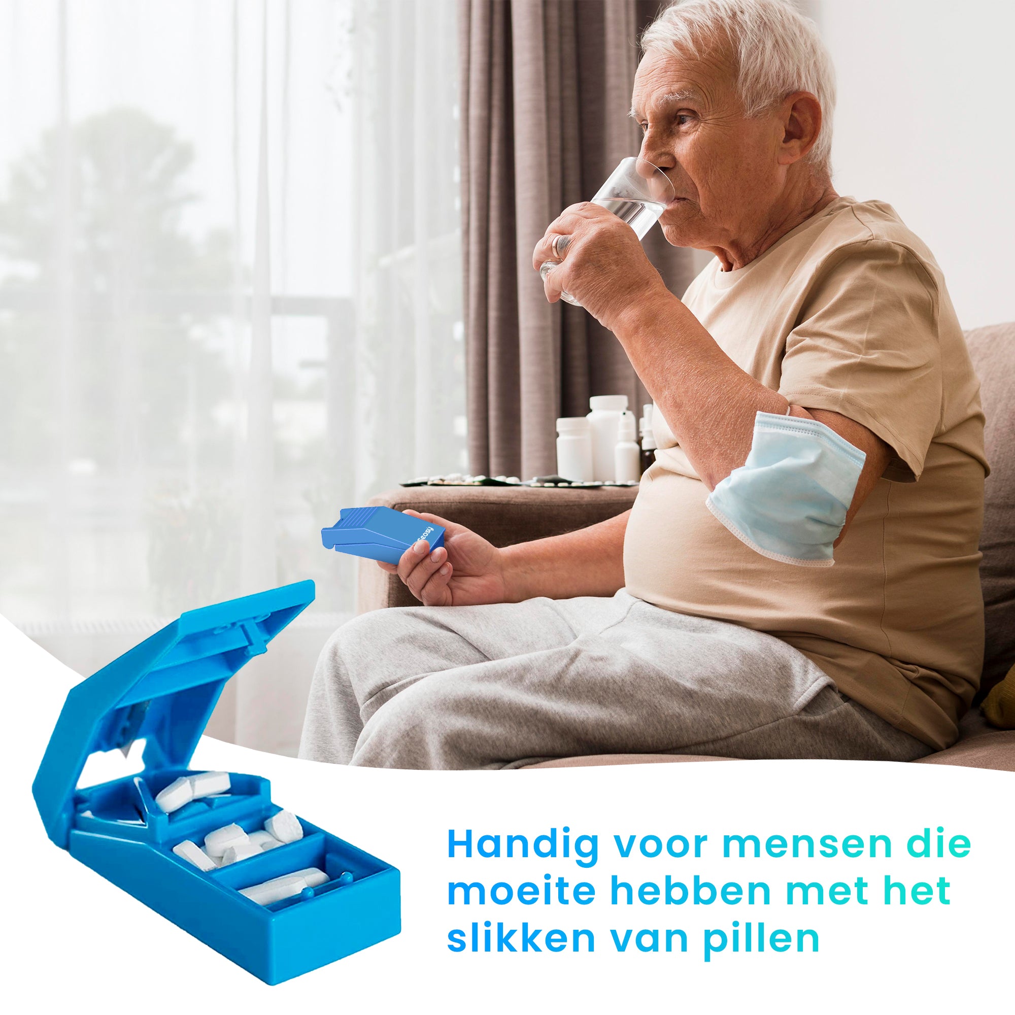 Sfeervolle afbeelding van GEASY pillensnijder – ideaal voor mensen die grote pillen moeilijk kunnen slikken