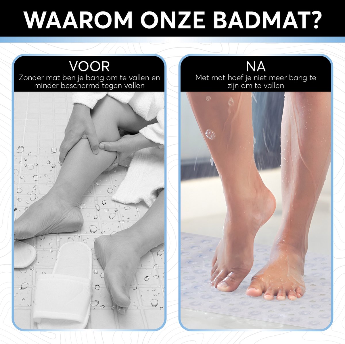 Voordelen van de GEASY badmat: voorkomt uitglijden en blessures en geeft een veilig gevoel