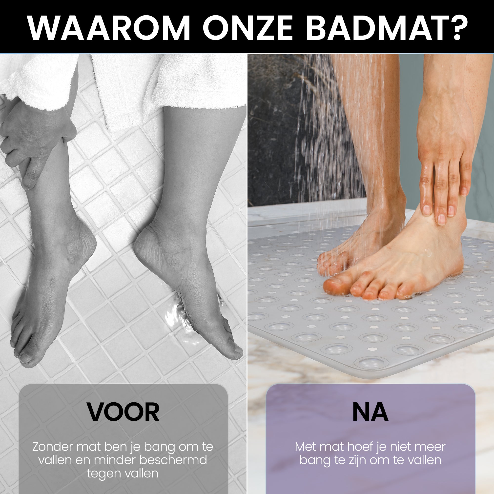 GEASY douchemat voor en na vergelijking – veilig douchen zonder risico op uitglijden.