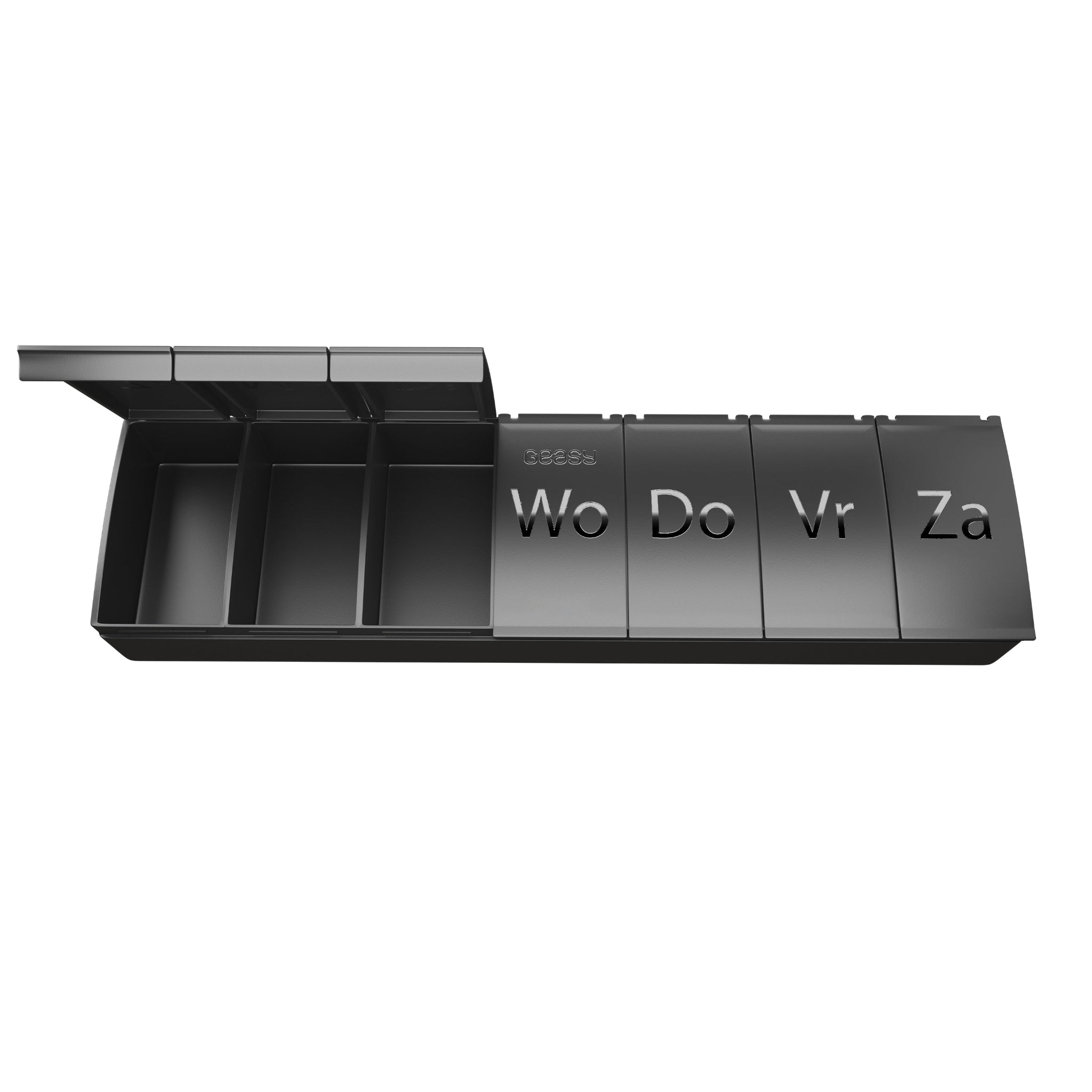 Zwarte 7-daagse pillendoos met ingegraveerde dag aanduiding, geschikt voor medicijnen, supplementen en vitamines. Compact, stevig en duurzaam ontwerp met één ruim vak per dag. Ideaal voor dagelijks gebruik en onderweg.