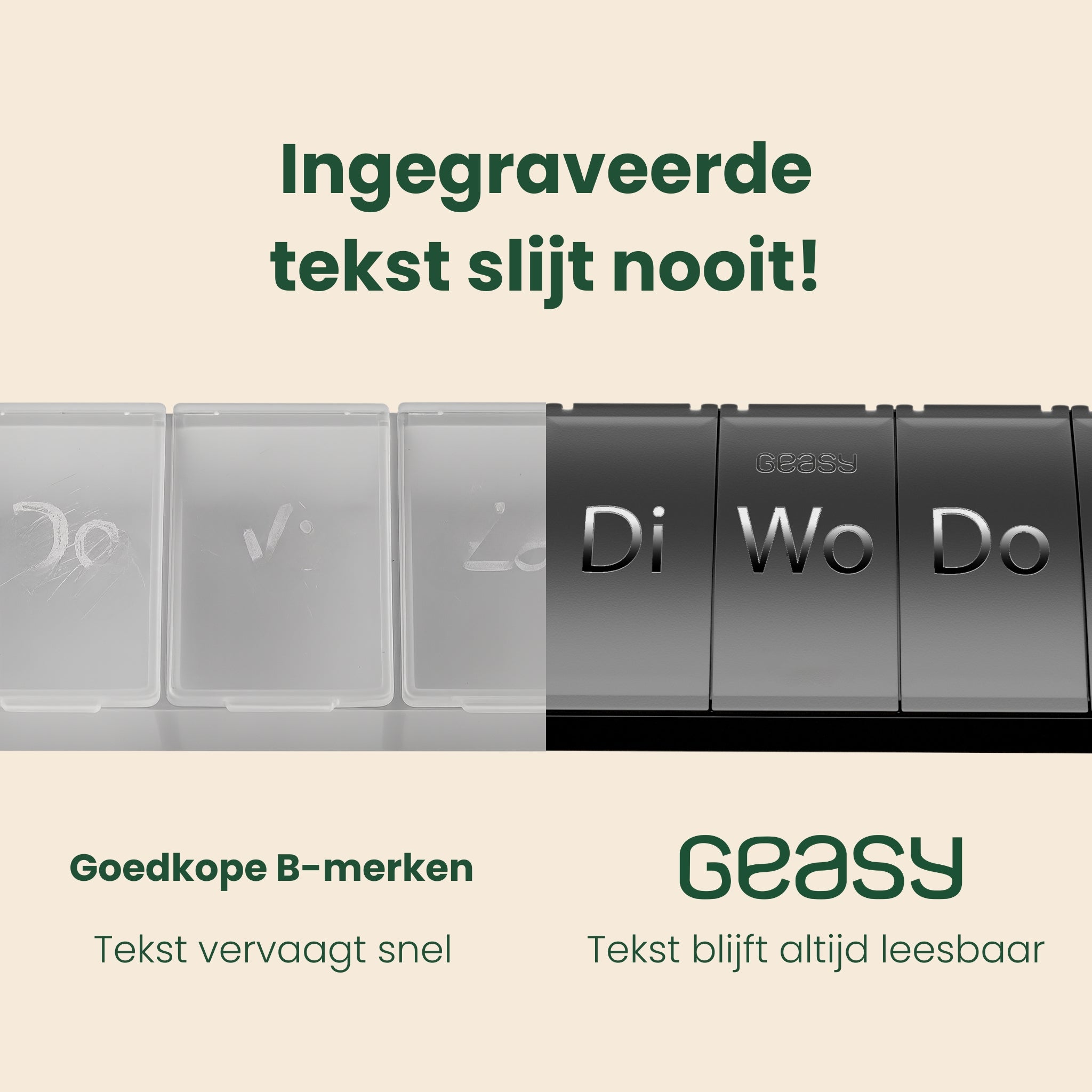 Zwarte 7-daagse pillendoos met ingegraveerde dag aanduiding, geschikt voor medicijnen, supplementen en vitamines. Compact, stevig en duurzaam ontwerp met één ruim vak per dag. Ideaal voor dagelijks gebruik en onderweg.