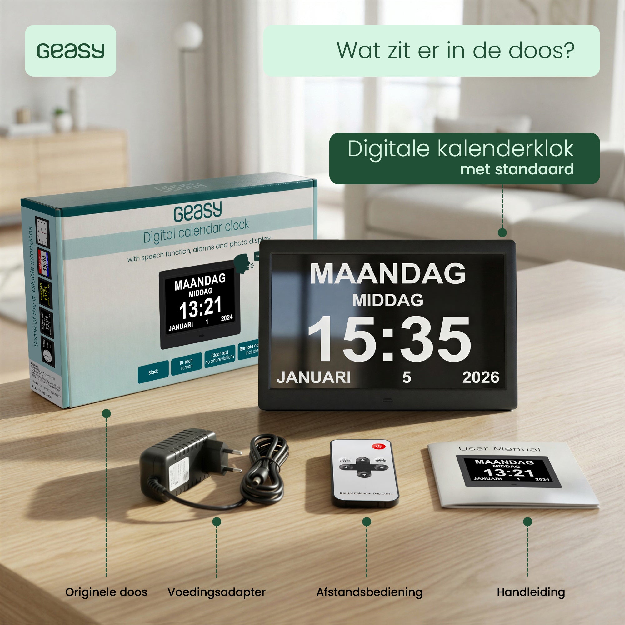 Inhoud van de doos van de Geasy digitale kalenderklok met standaard, voedingsadapter, afstandsbediening en handleiding