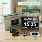 Inhoud van de doos van de Geasy digitale kalenderklok 13,3 inch met standaard, voedingsadapter, afstandsbediening en handleiding