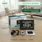 GEASY kalenderklok geleverd met originele doos, voedingsadapter, afstandsbediening en handleiding