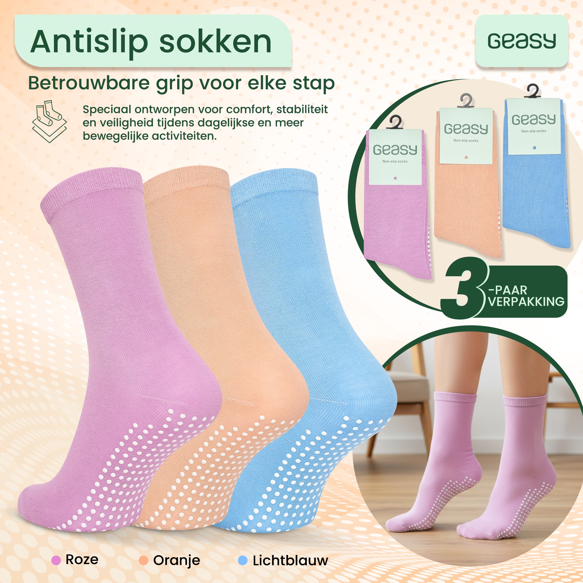 GEASY antislip sokken set van 3 paar in roze, oranje en lichtblauw maat 36-41