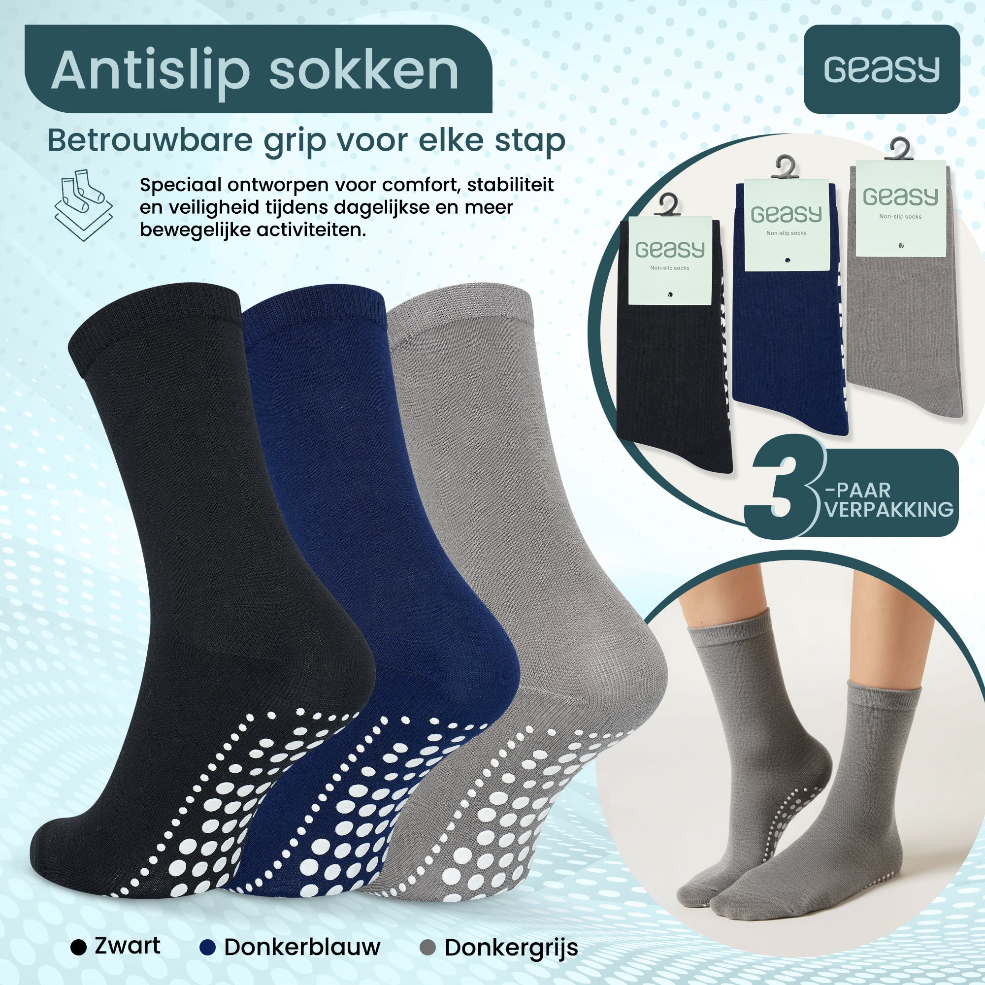 GEASY antislip sokken set van 3 paar in zwart, donkerblauw en grijs maat 36-41