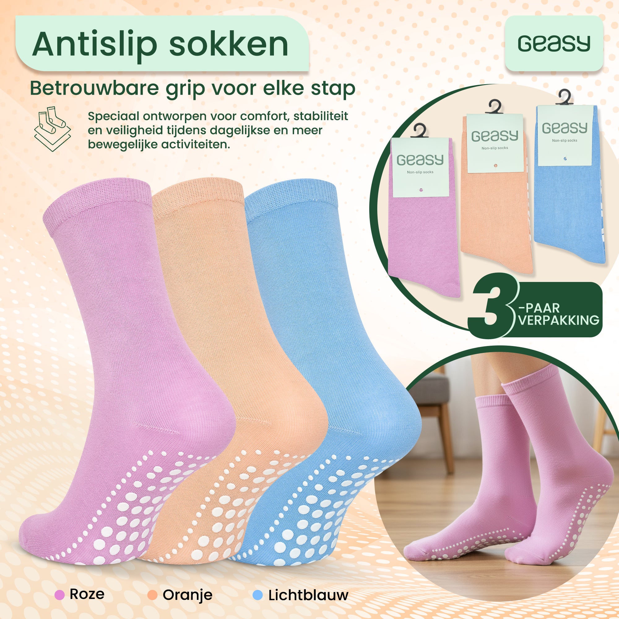 GEASY antislip sokken set van 3 paar in roze, oranje en lichtblauw maat 36-41
