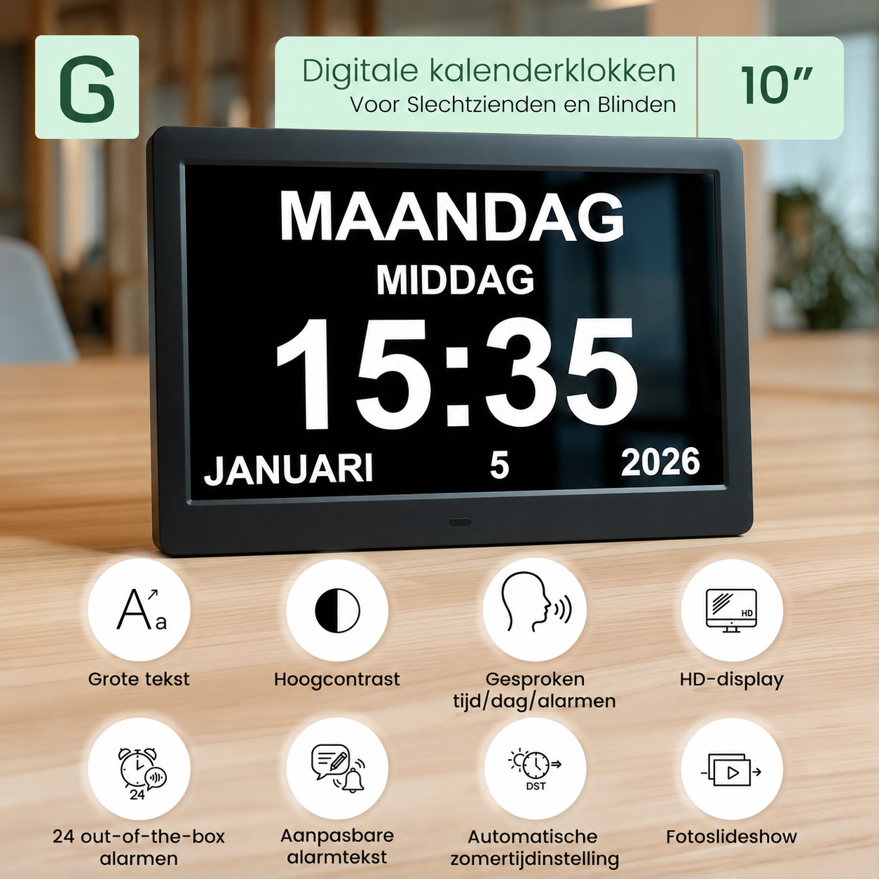 Geasy digitale kalenderklok 10 inch voor slechtzienden en blinden met grote tekst, hoog contrast, gesproken tijd en HD-display