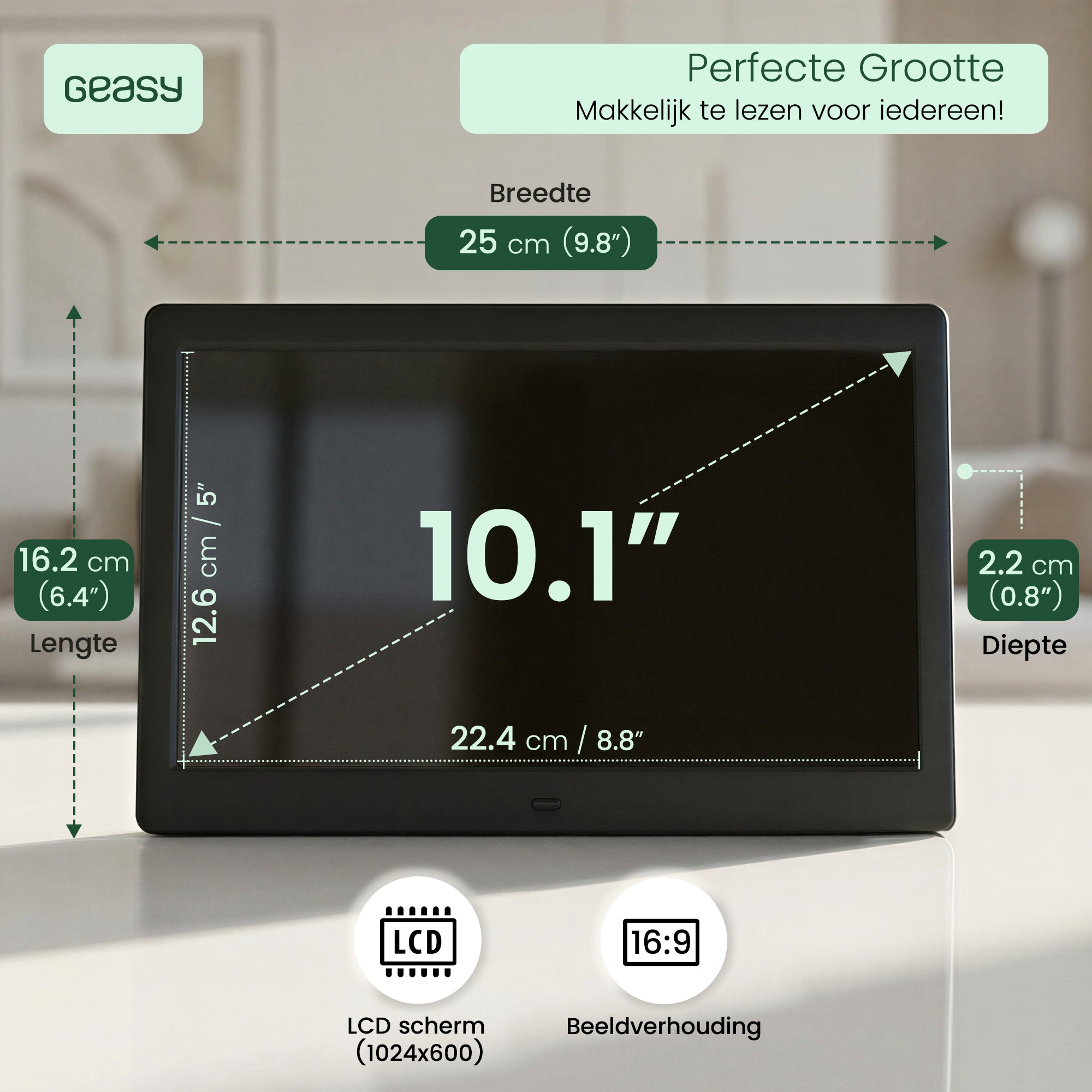 Geasy digitale kalenderklok 10 inch met afmetingen, LCD-scherm en 16:9 beeldverhouding voor extra goed leesbare tijdweergave