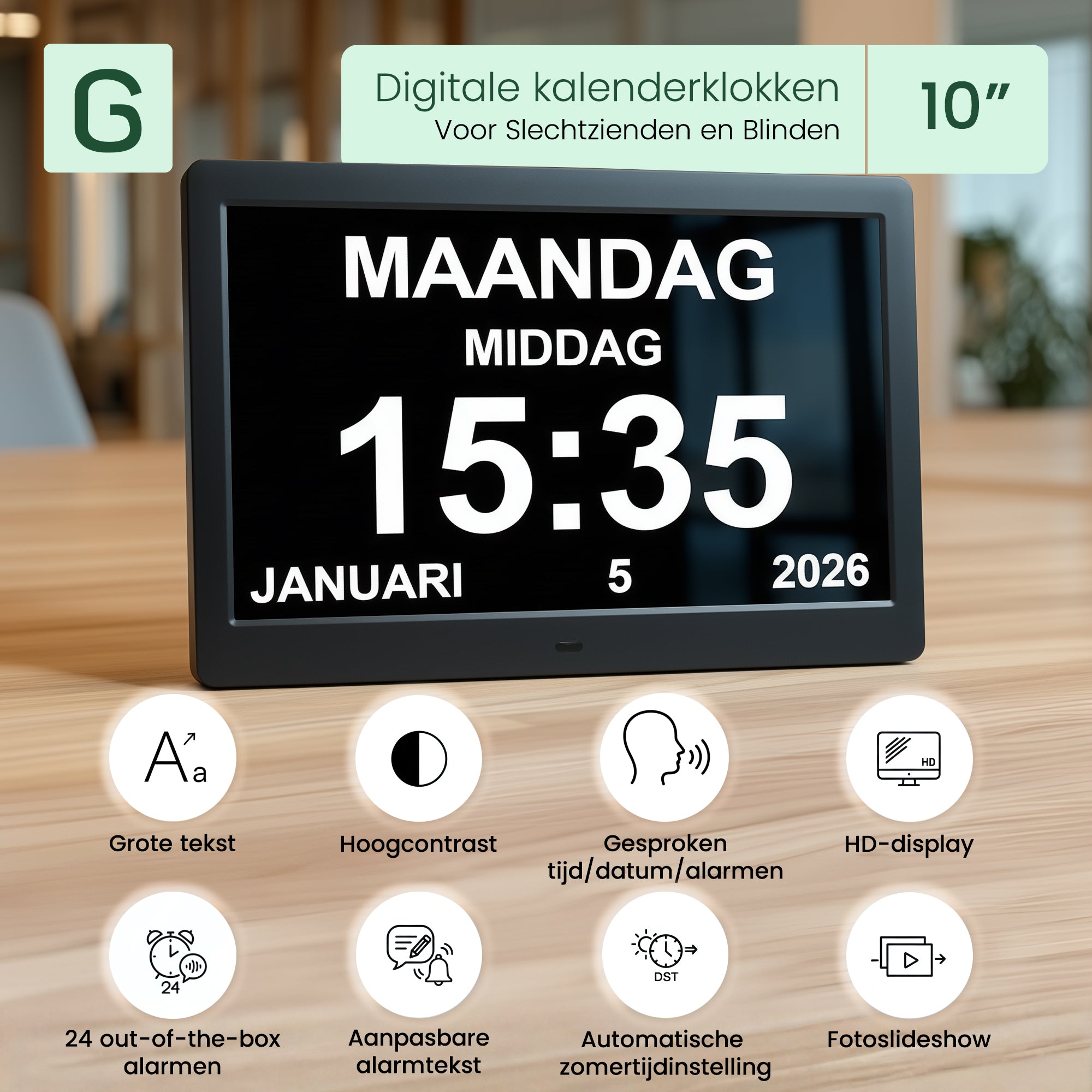 Geasy digitale kalenderklok 10 inch voor slechtzienden en blinden met grote tekst, hoog contrast, gesproken tijd en HD-display
