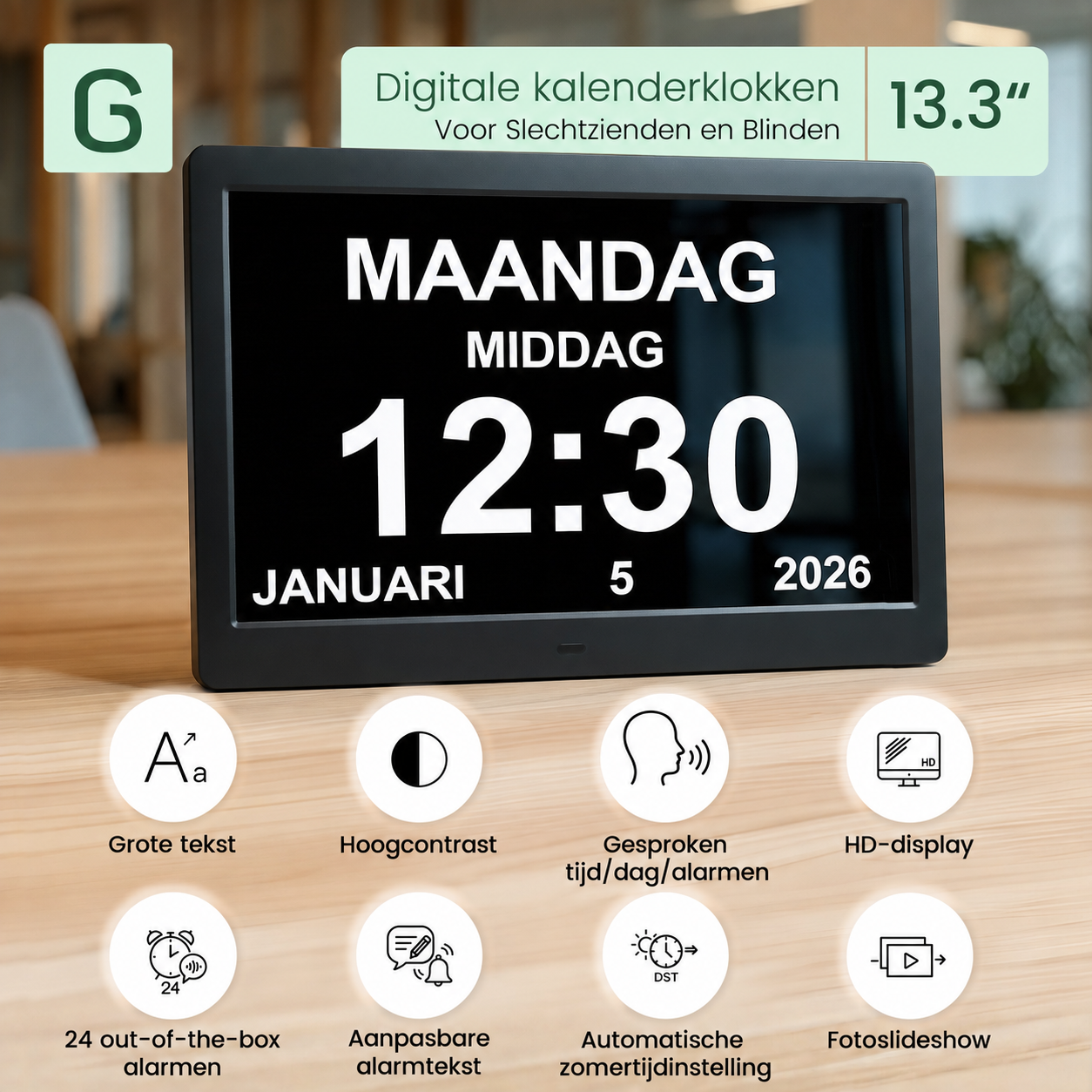 Geasy digitale kalenderklok 13,3 inch voor slechtzienden en blinden met grote tekst, hoog contrast, gesproken tijd en HD-display