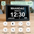 Geasy digitale kalenderklok 13,3 inch voor slechtzienden en blinden met grote tekst, hoog contrast, gesproken tijd en HD-display