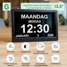 Geasy digitale kalenderklok 13,3 inch voor slechtzienden en blinden met grote tekst, hoog contrast, gesproken tijd en HD-display