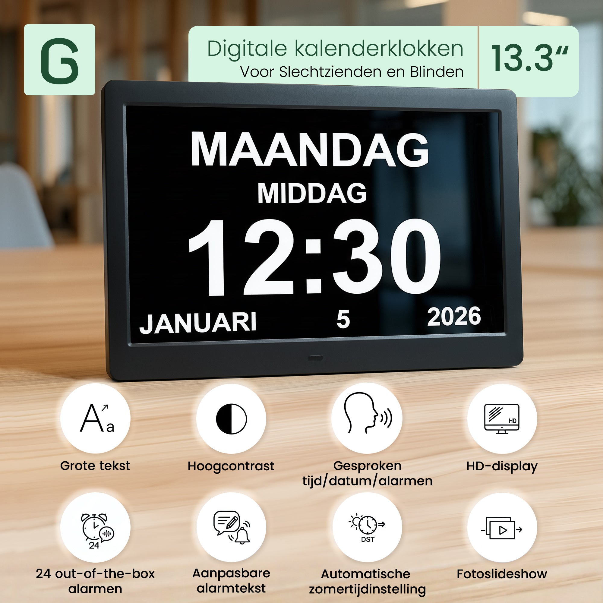 Geasy digitale kalenderklok 13,3 inch voor slechtzienden en blinden met grote tekst, hoog contrast, gesproken tijd en HD-display