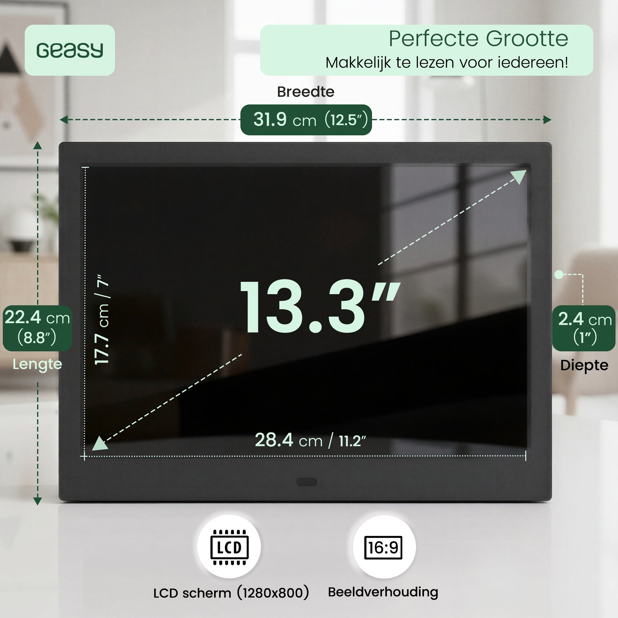 Geasy digitale kalenderklok 13,3 inch met afmetingen, LCD-scherm en 16:9 beeldverhouding voor extra goed leesbare tijdweergave