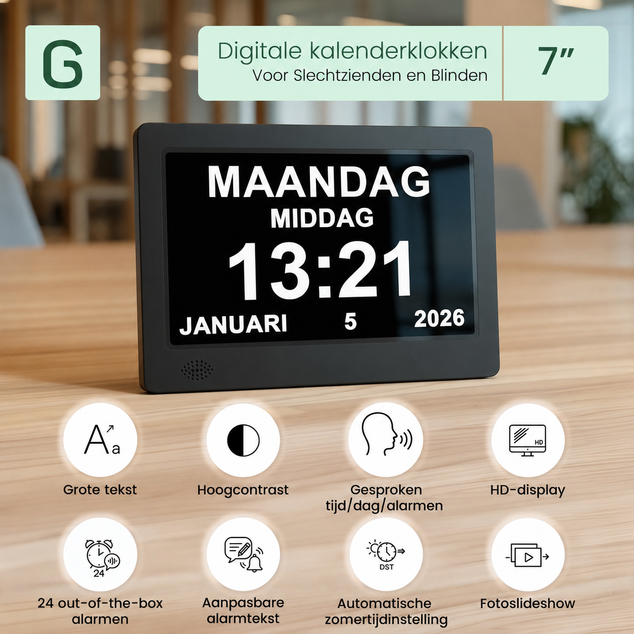 GEASY digitale kalenderklok 7 inch voor slechtzienden en blinden met groot hoogcontrast scherm