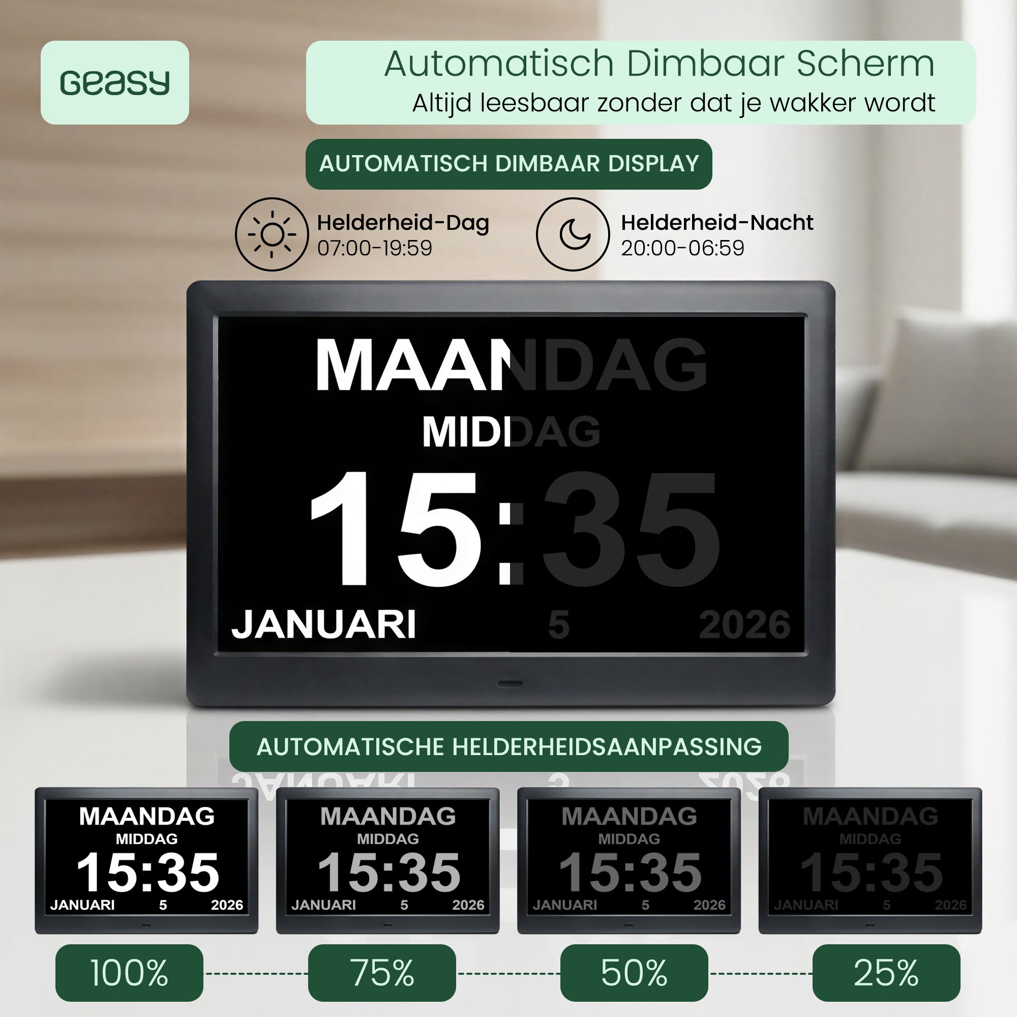 Geasy digitale kalenderklok met automatisch dimbaar scherm en instelbare helderheid voor dag en nacht