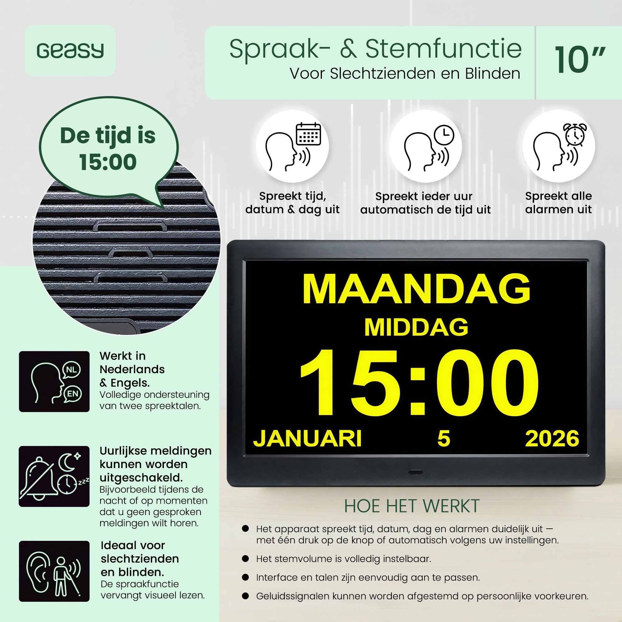 Geasy digitale kalenderklok 10 inch met spraak- en stemfunctie voor slechtzienden en blinden, inclusief gesproken tijd, datum en alarmen
