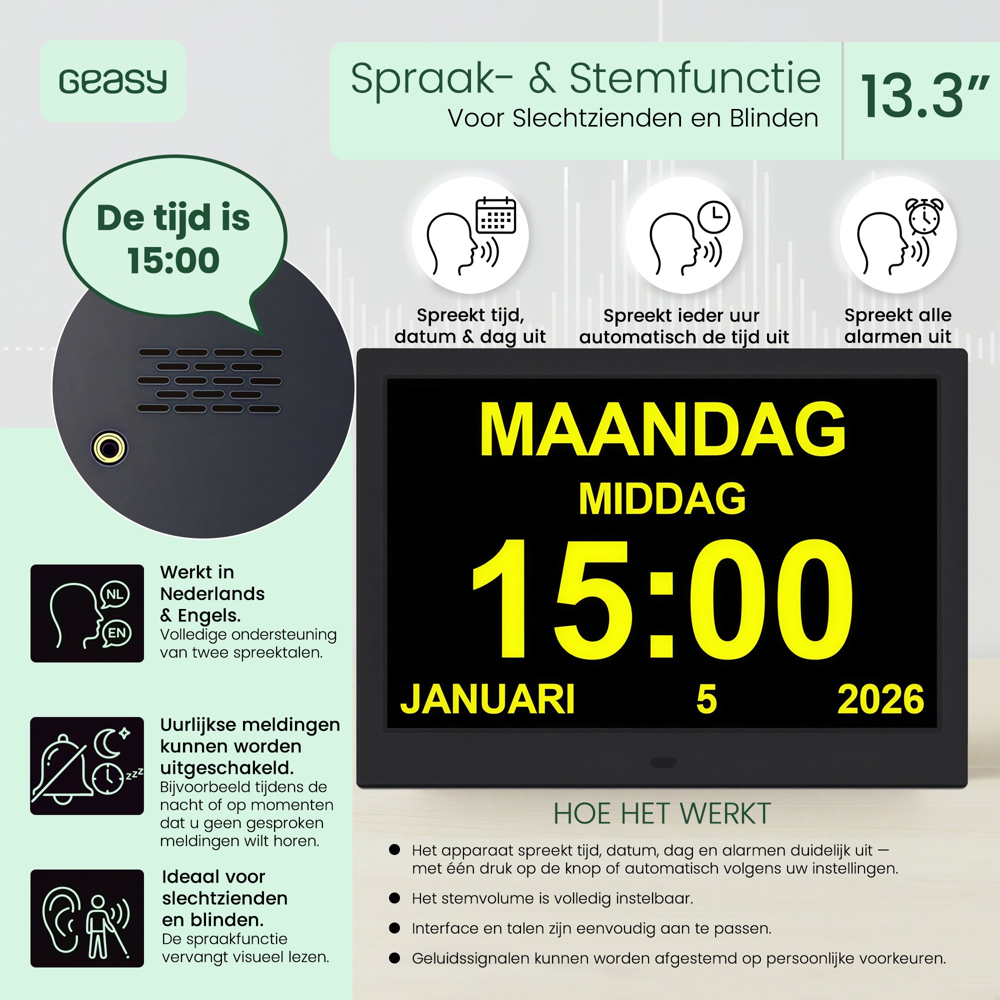 Geasy digitale kalenderklok 13,3 inch met spraak- en stemfunctie voor slechtzienden en blinden, inclusief gesproken tijd, datum en alarmen