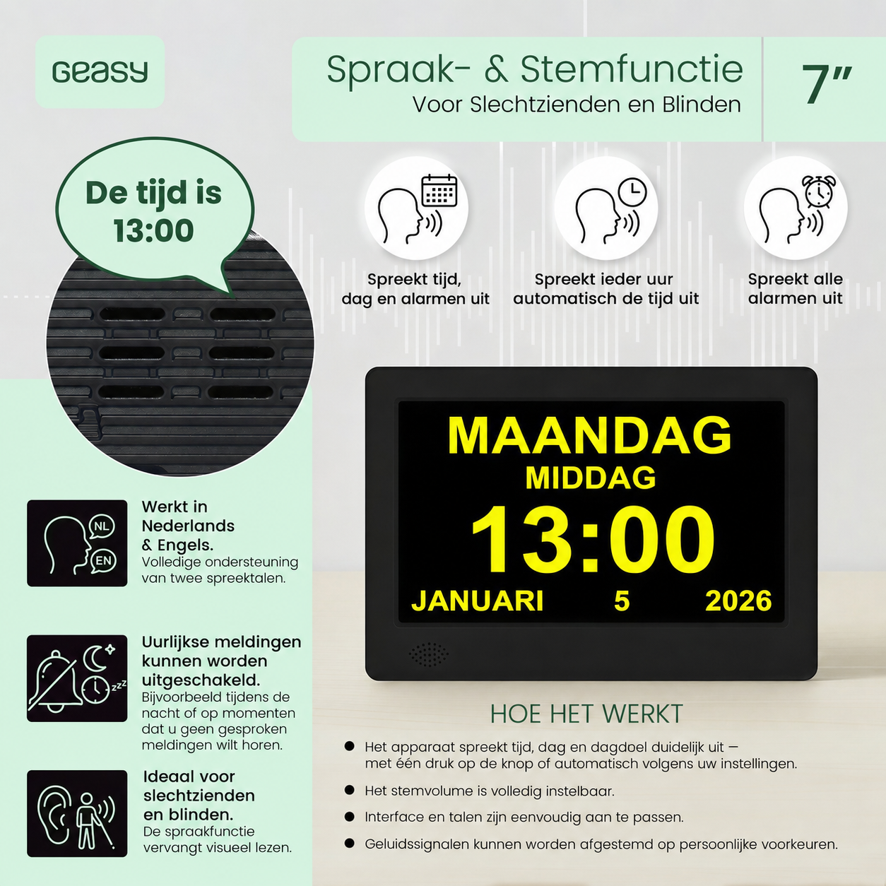GEASY kalenderklok met spraakfunctie die tijd, datum, dag en alarmen hardop uitspreekt