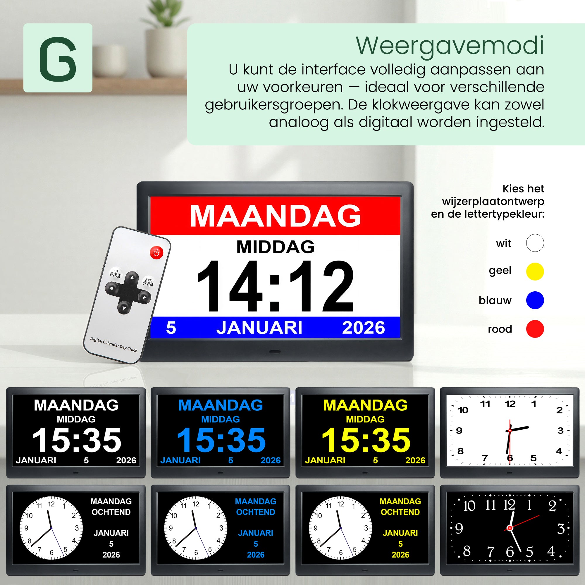 Geasy digitale kalenderklok met verschillende weergavemodi, kleuren en keuze tussen digitale en analoge klokweergave