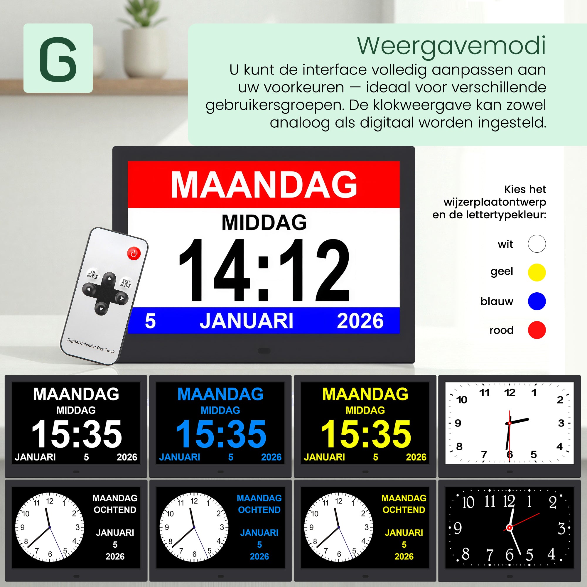 Geasy digitale kalenderklok 13,3 inch met verschillende weergavemodi, kleuren en keuze tussen digitale en analoge klokweergave