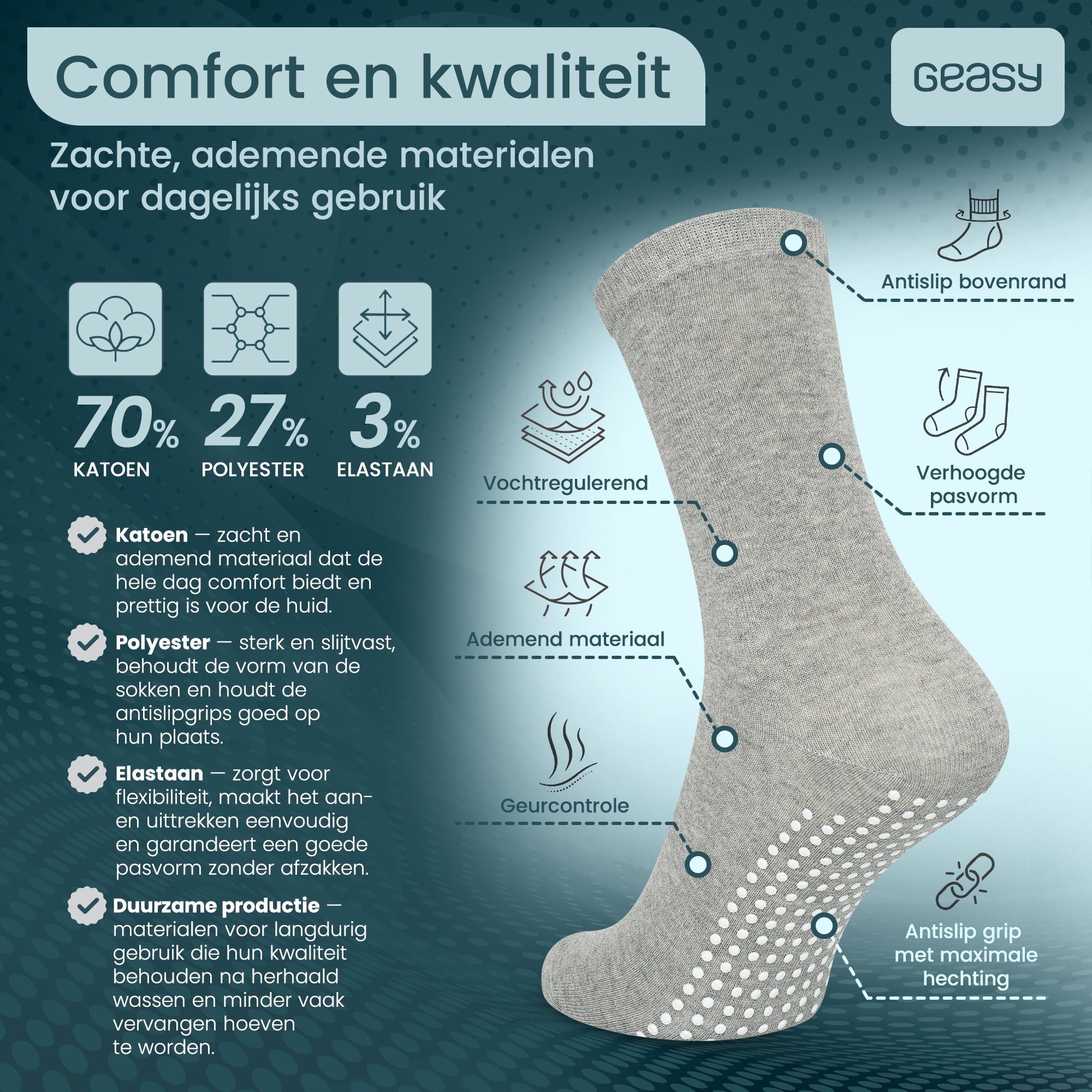 GEASY lichtgrijze antislip sok met ademend materiaal en Pure Grip antislipzool
