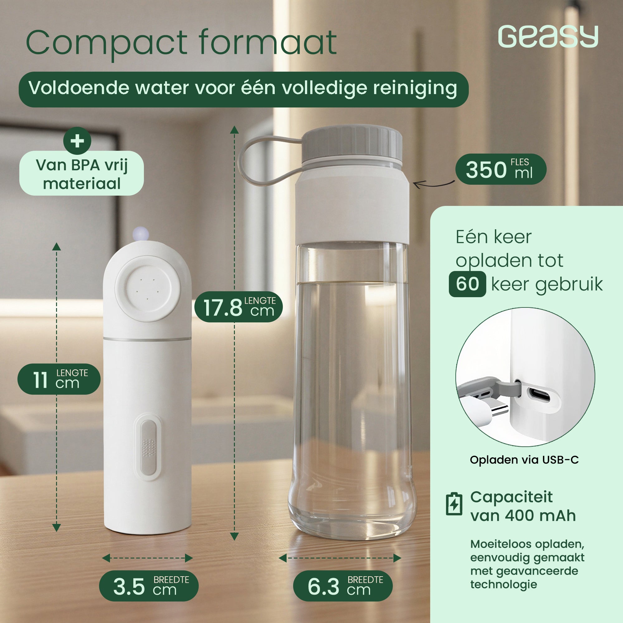 GEASY draagbare bidet oplaadbaar met compacte fles, BPA-vrij materiaal en USB-C opladen