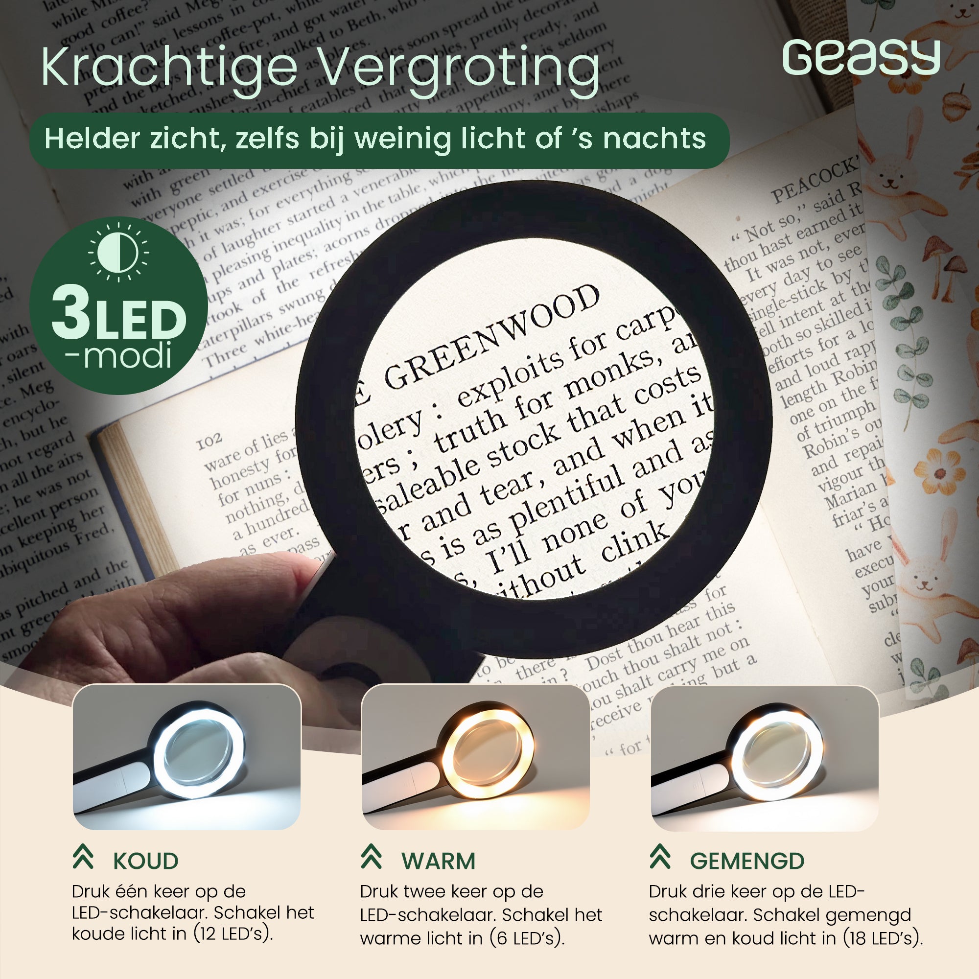 GEASY vergrootglas met LED verlichting rond met koud, warm en gemengd licht