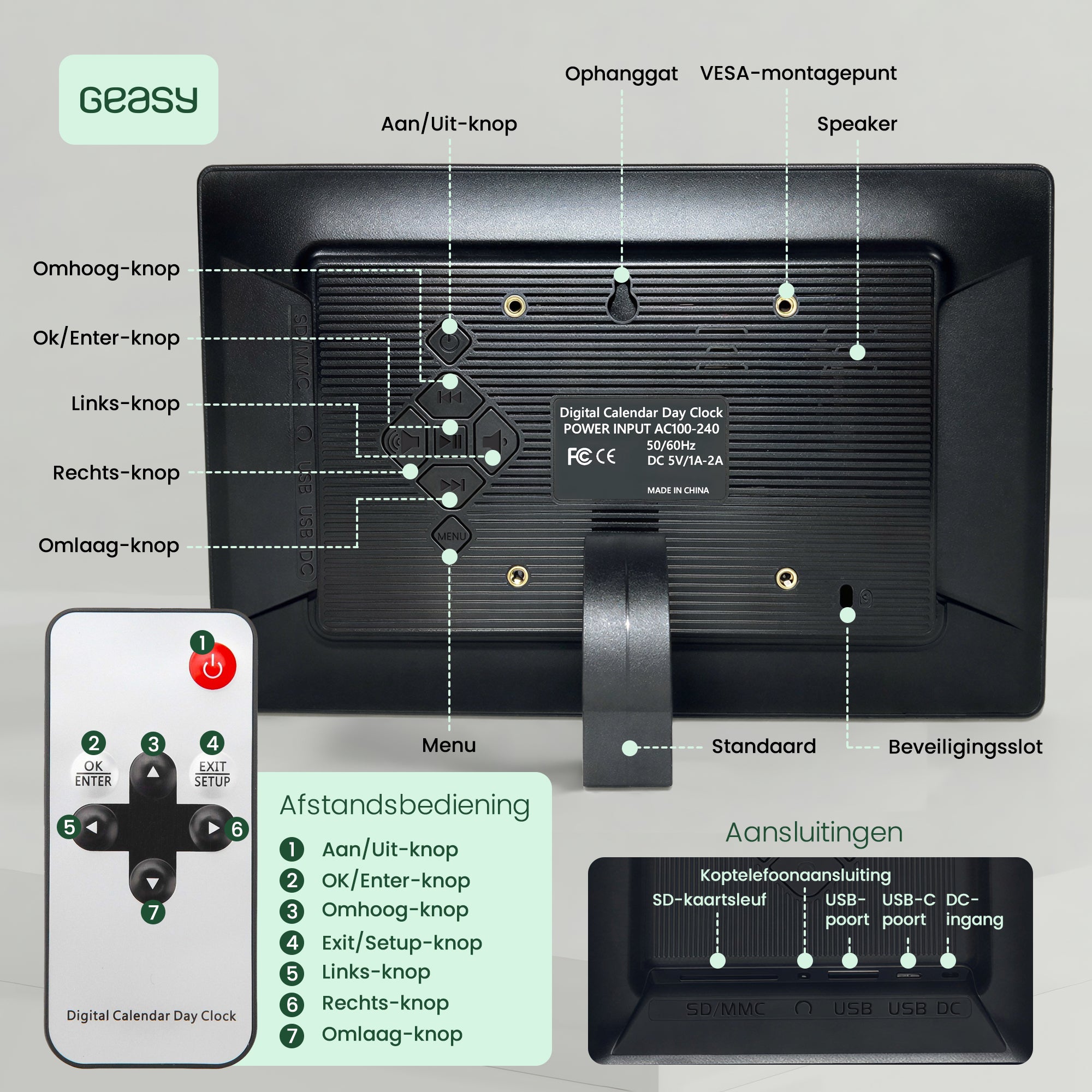 Achterzijde van Geasy digitale kalenderklok met knoppen, speaker, VESA-montagepunt, aansluitingen en afstandsbediening