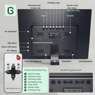Achterzijde van Geasy digitale kalenderklok 13,3 inch met knoppen, speaker, aansluitingen, VESA-montagepunt en afstandsbediening