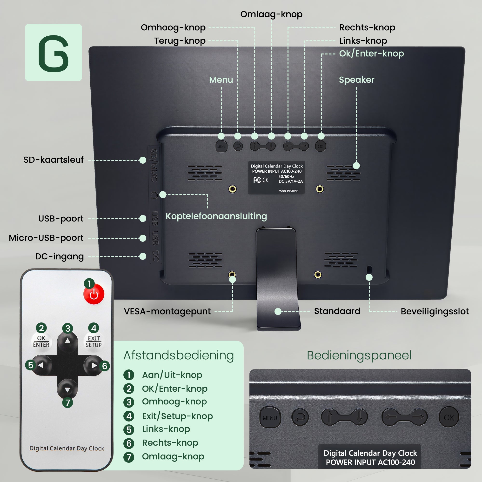 Achterzijde van Geasy digitale kalenderklok 13,3 inch met knoppen, speaker, aansluitingen, VESA-montagepunt en afstandsbediening