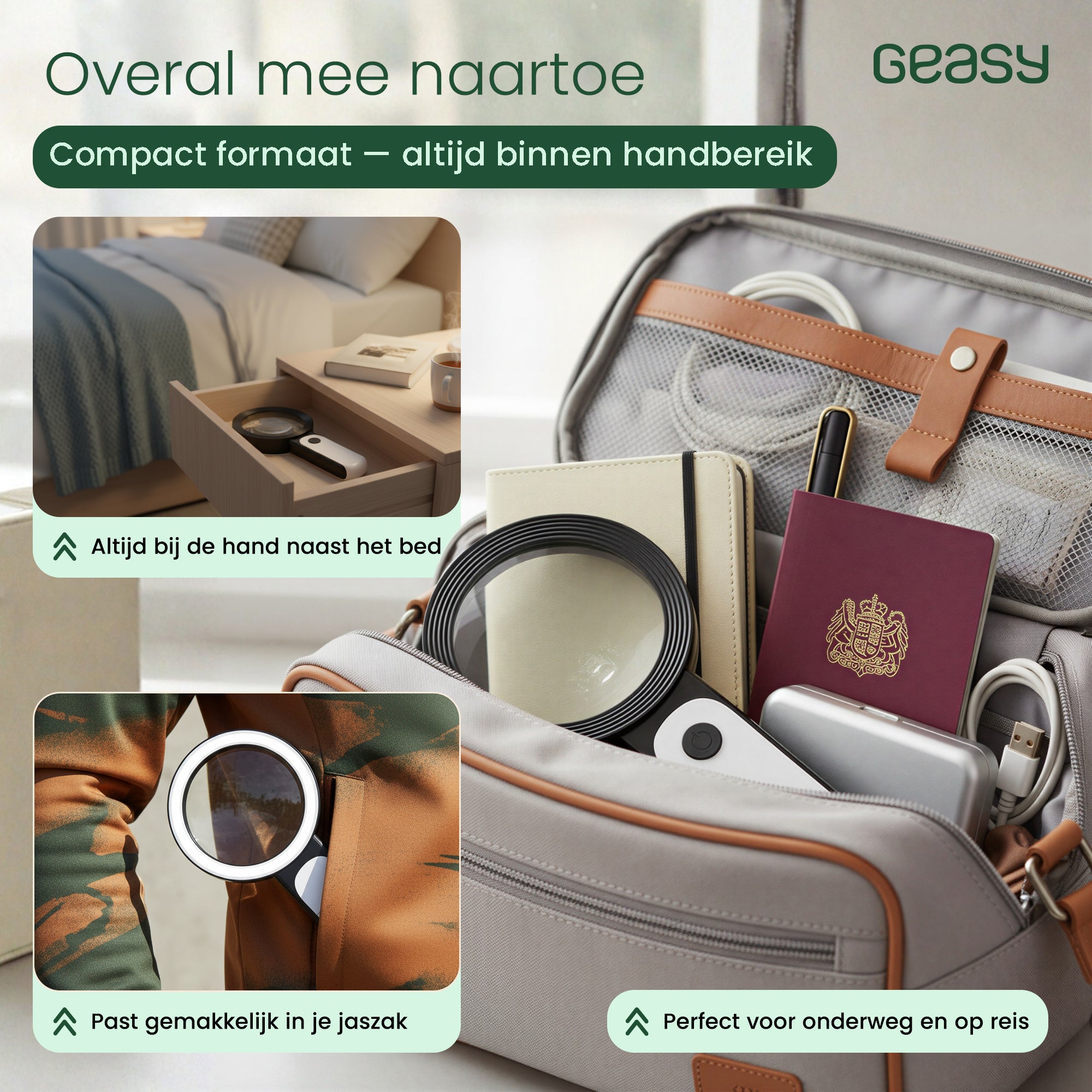 GEASY compact vergrootglas met verlichting voor onderweg, op reis en naast het bed