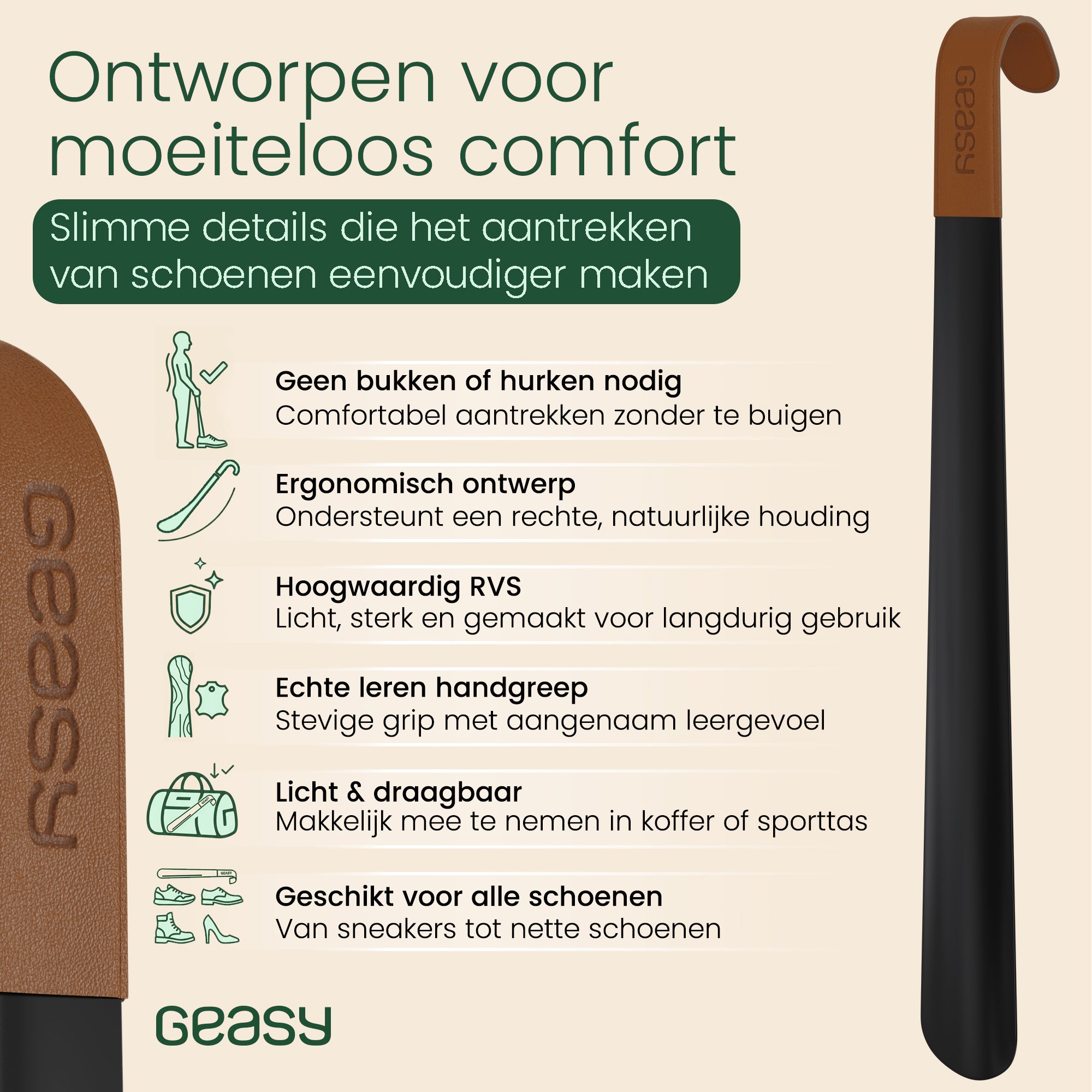 GEASY metalen schoenlepel 42 cm met comfortabel ontwerp en luxe leren handgreep