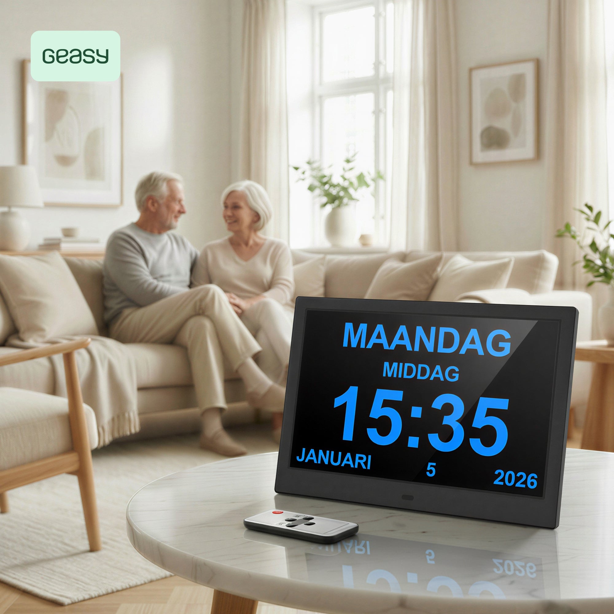 Geasy digitale kalenderklok 13,3 inch op tafel in woonkamer met afstandsbediening, geschikt voor senioren en slechtzienden