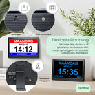 Geasy digitale kalenderklok met flexibele plaatsing, geschikt voor muurmontage of neerzetten met standaard