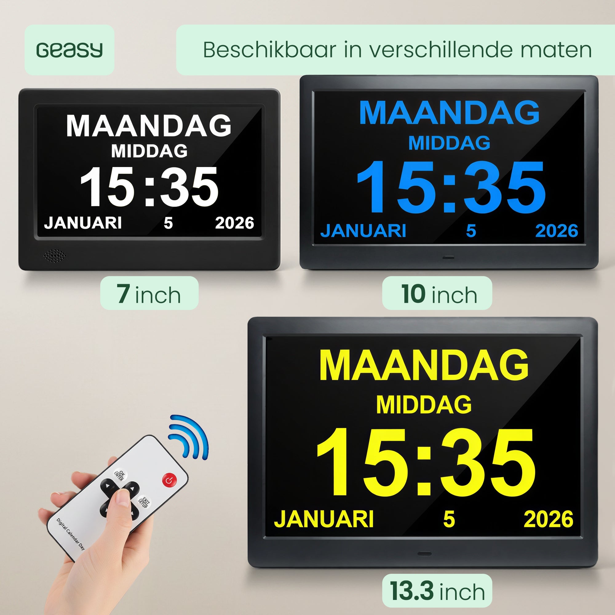 Geasy digitale kalenderklok verkrijgbaar in 7 inch, 10 inch en 13,3 inch met afstandsbediening en hoogcontrast scherm