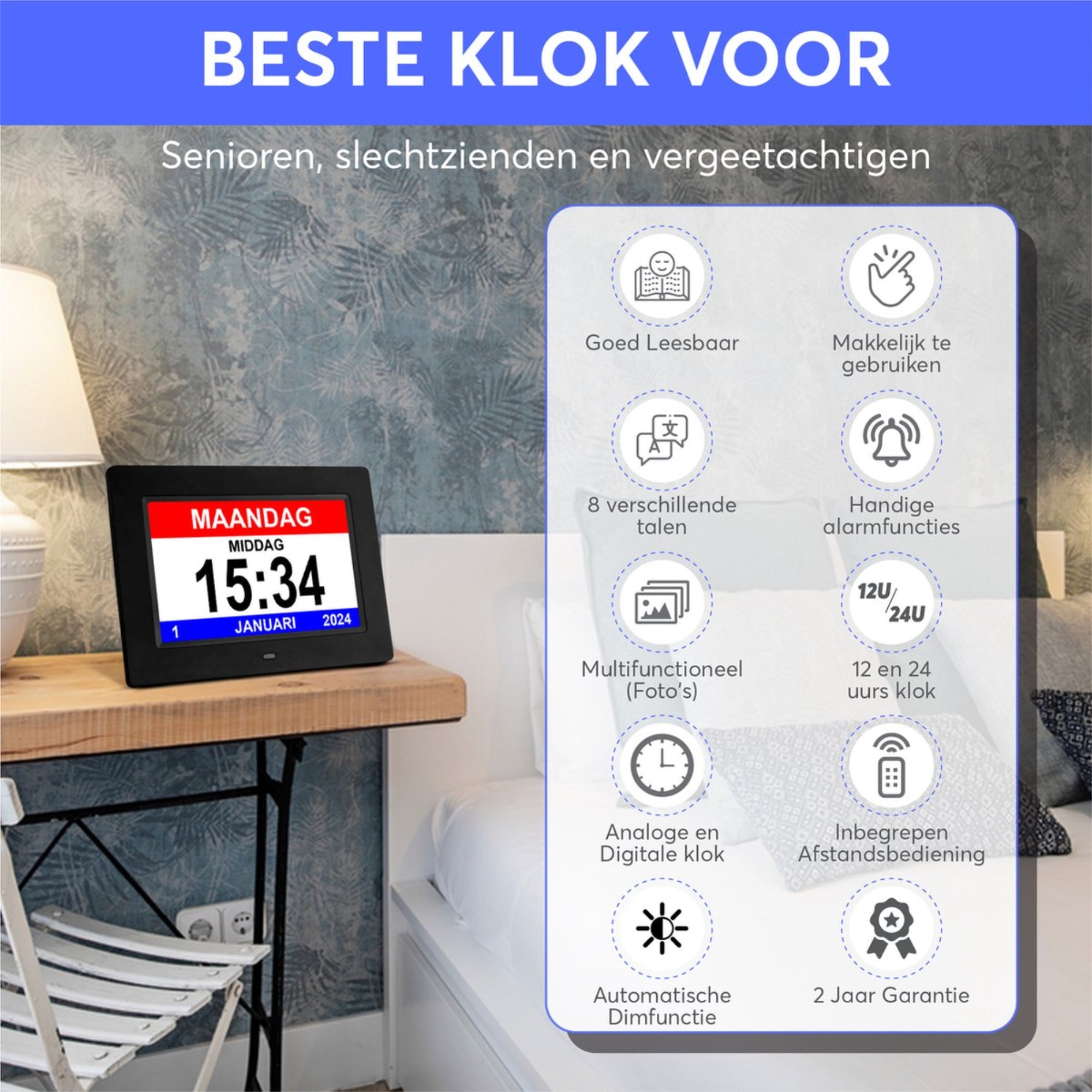Waarom de GEASY Dementieklok? Groot display, 8 talen, multifunctioneel en eenvoudig te bedienen