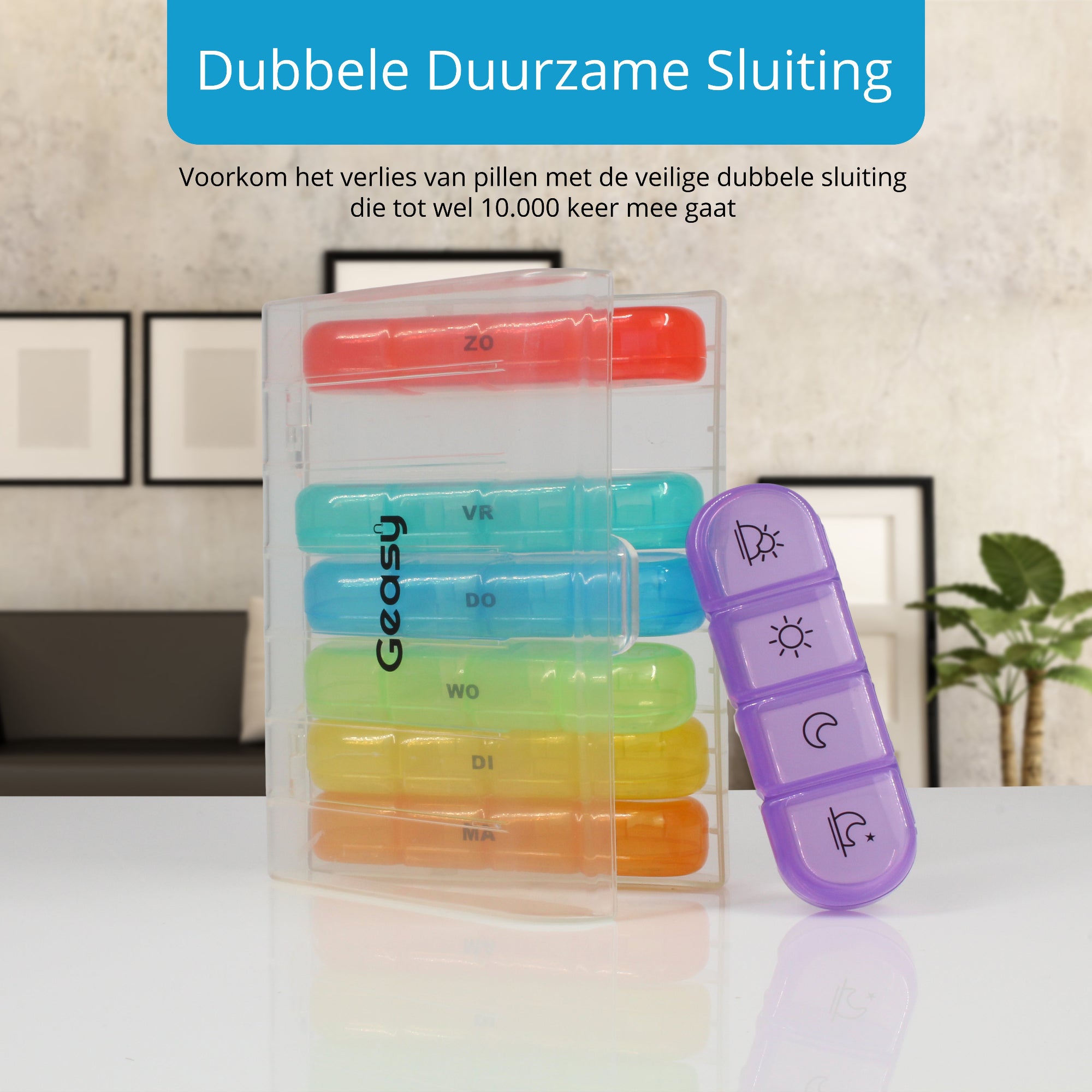 Medicijndoos met stevige dubbele sluiting – voorkomt verlies van pillen en ongewenste opening