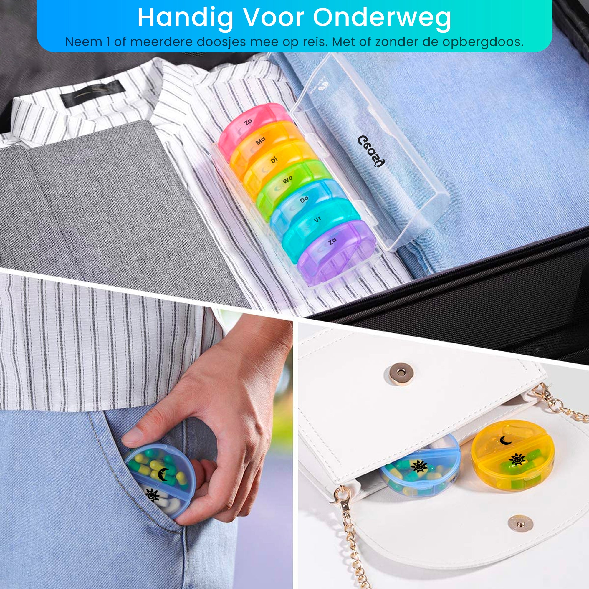 Reisvriendelijke pillendoos 7-dagen rond – past in broekzak, tas of handbagage